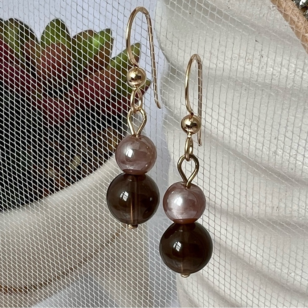 Artisan Moonstone & Smokey Topaz Beaded Gold Earrings